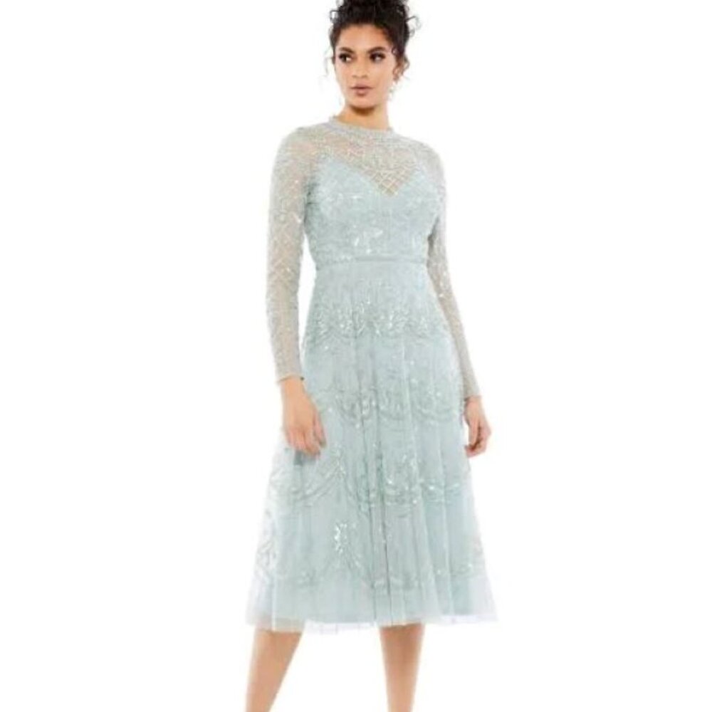 NWT Mac Duggal Sequined Illusion High Neck Long Sleeve Midi Dress 9142